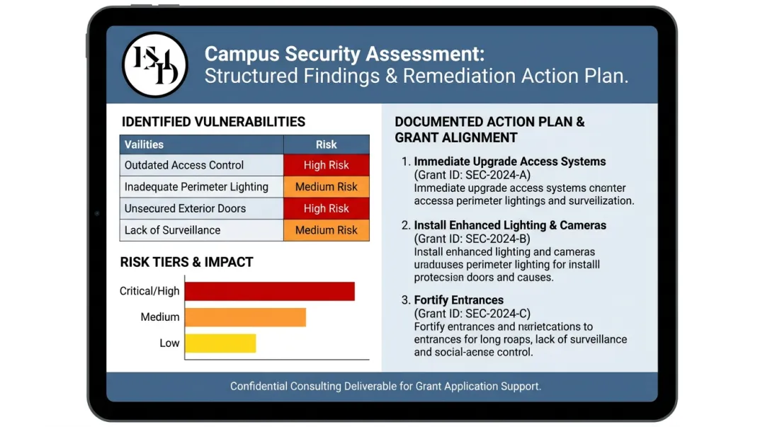 Campus security assessment scenario showing documented findings and grant-ready action plan