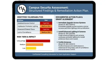 Campus security assessment scenario showing documented findings and grant-ready action plan