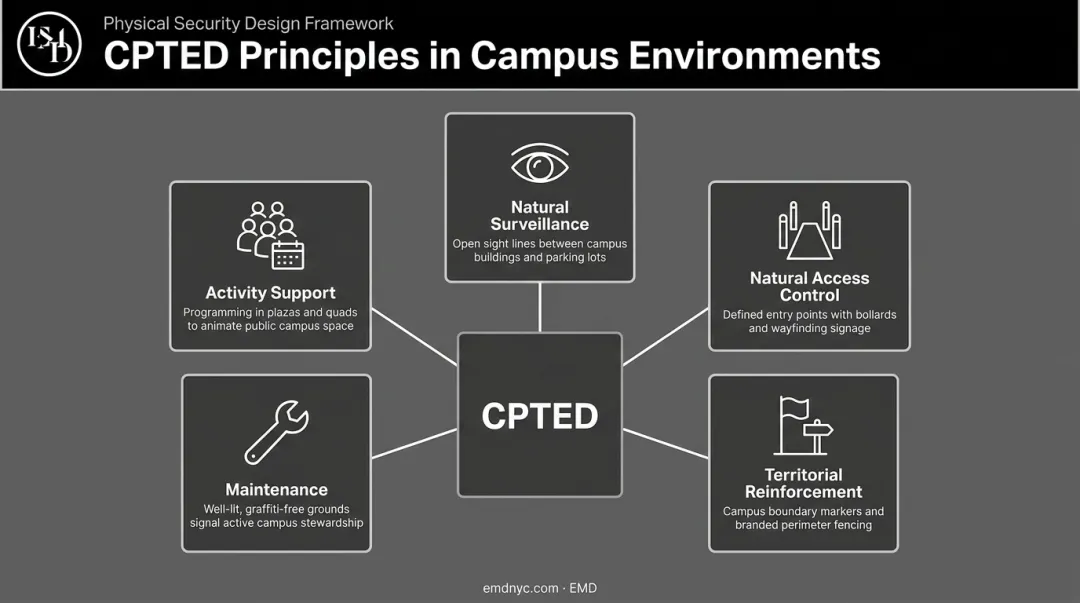 Five CPTED principles for campus security environmental design infographic
