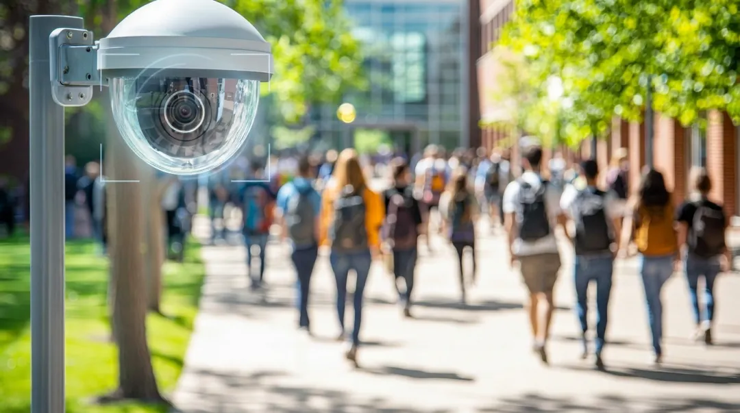 Modern AI-powered campus video surveillance camera system mounted outdoors