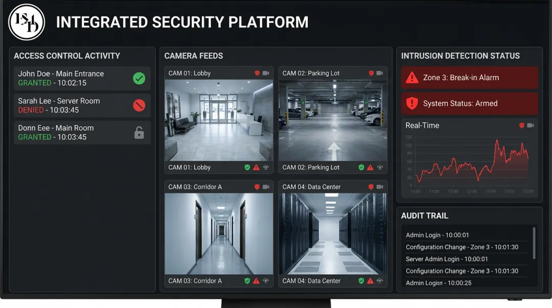 Integrated security operations dashboard displaying access control camera and intrusion detection systems