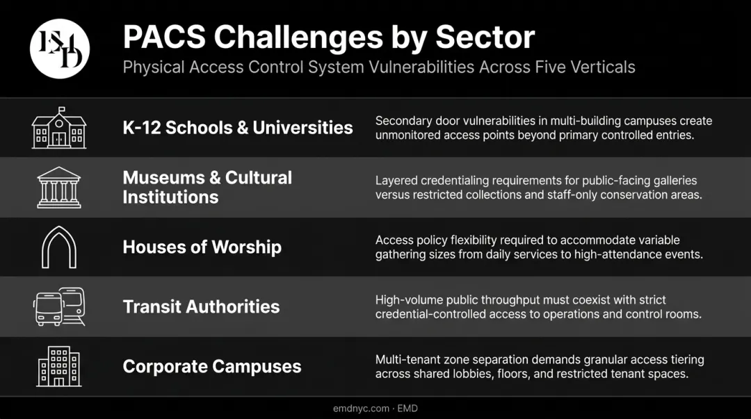 Five sector physical access control environment challenges comparison chart infographic