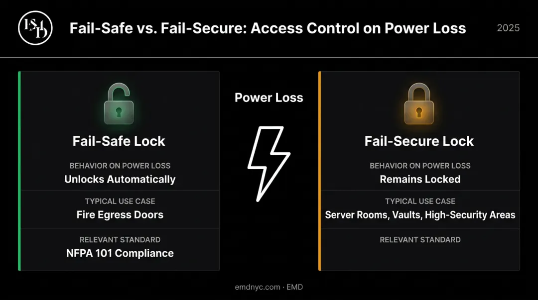 Fail-safe versus fail-secure electronic lock types comparison infographic