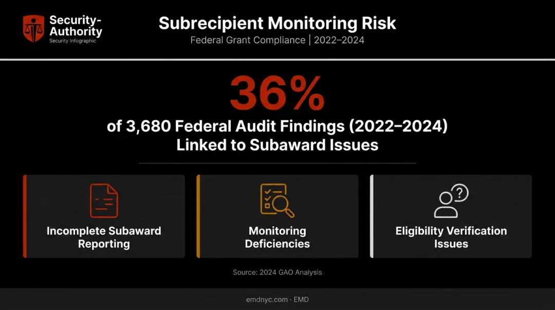 Federal grant subaward monitoring risk areas and audit findings breakdown infographic