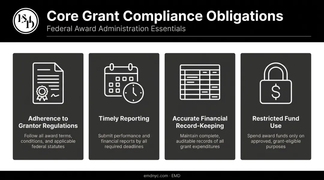 Four pillars of federal grant compliance obligations infographic