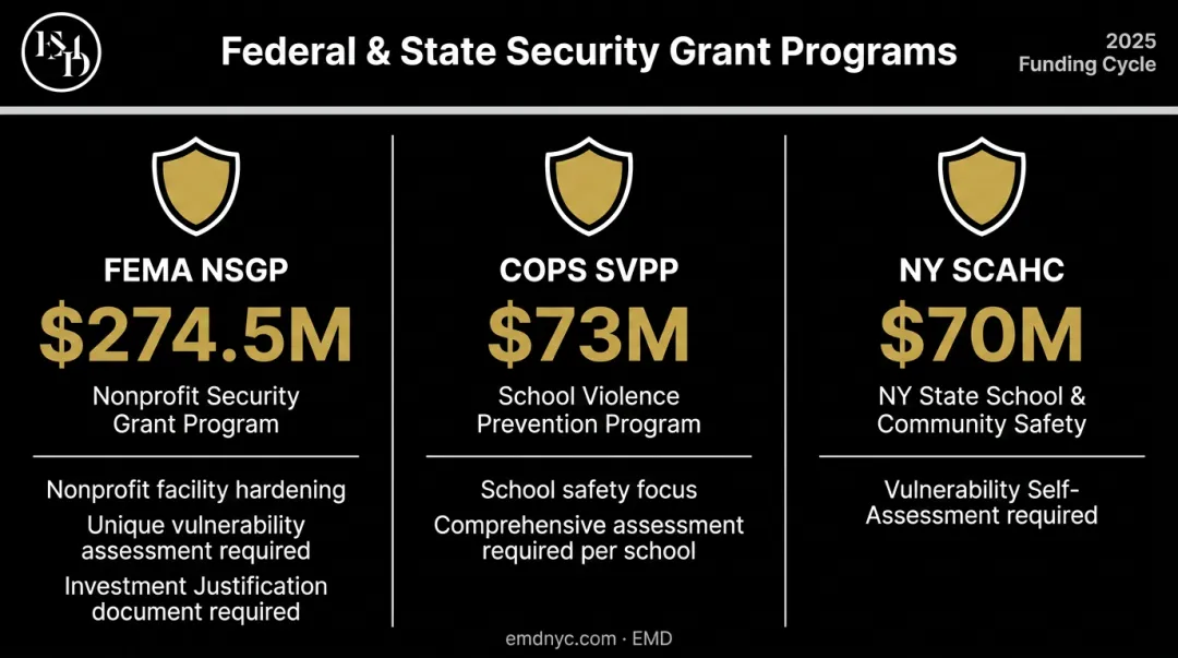 Three federal security grant programs with funding amounts and assessment requirements