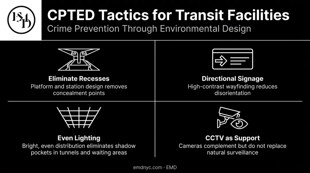 Transit facility CPTED design tactics eliminating blind spots and improving passenger safety
