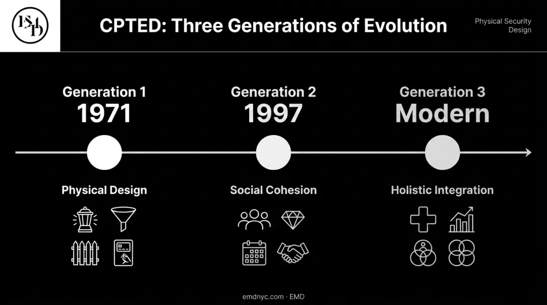 Three generations of CPTED evolution timeline from 1971 to modern practice