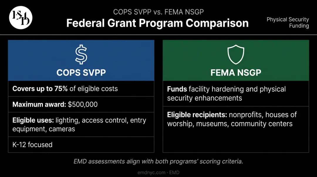 COPS SVPP versus FEMA NSGP grant funding comparison for CPTED security improvements