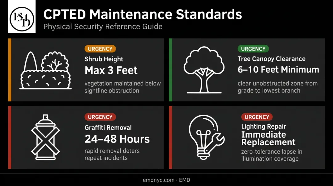 CPTED maintenance standards with specific height thresholds and response time benchmarks