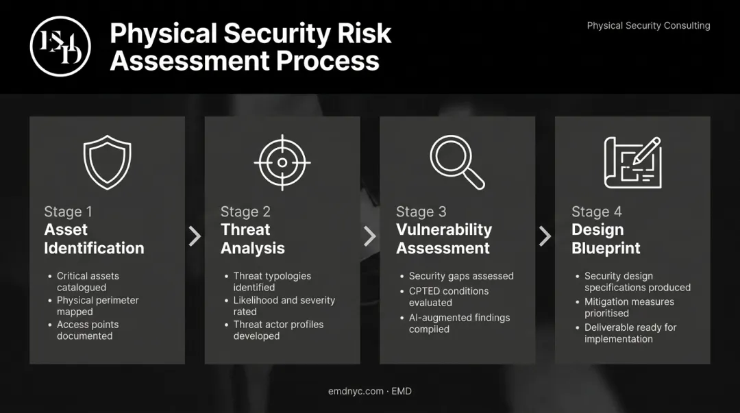 Four-step facility security risk assessment to design blueprint process flow