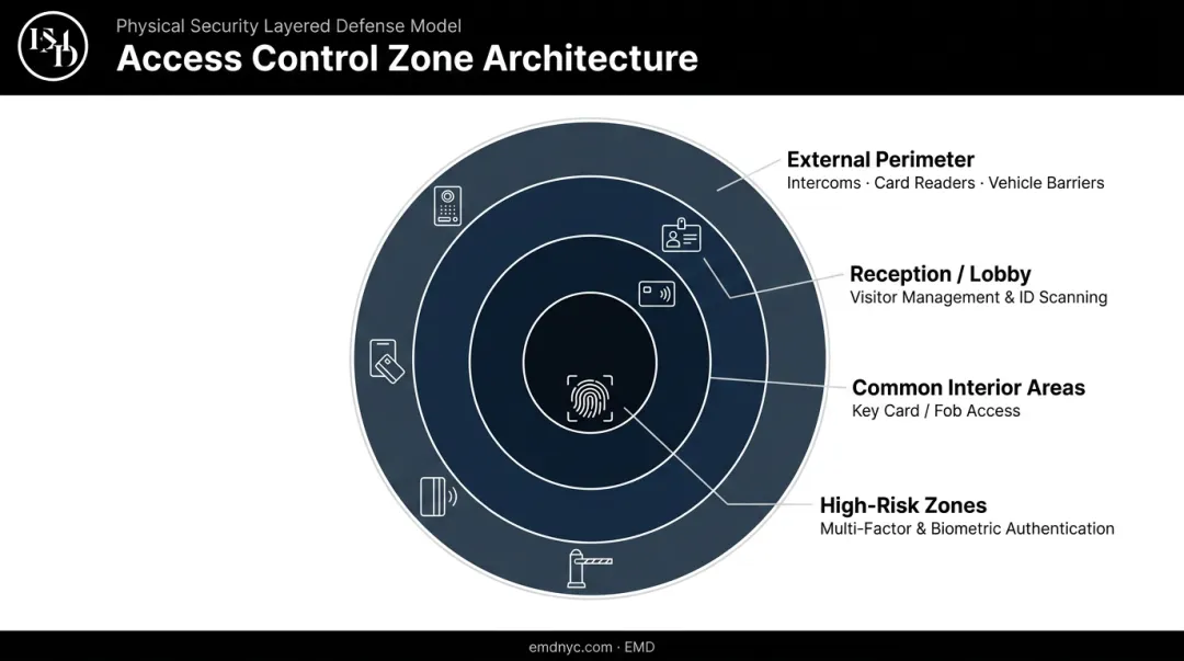 Layered access control strategy four zones from perimeter to high-risk areas