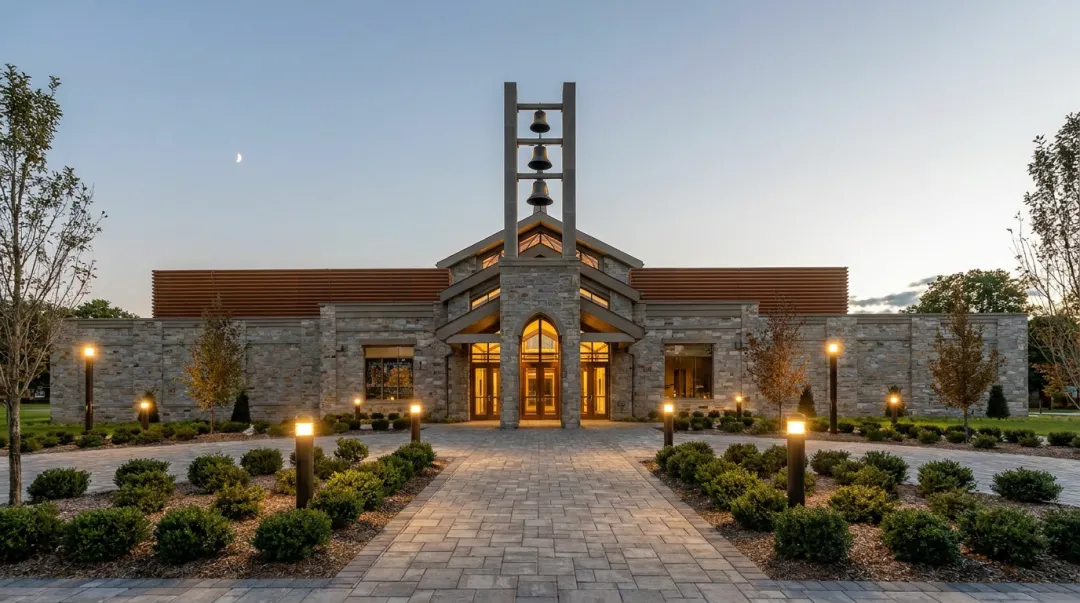 House of worship exterior showing layered perimeter security balanced with open welcoming design