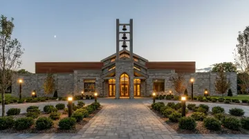 House of worship exterior showing layered perimeter security balanced with open welcoming design