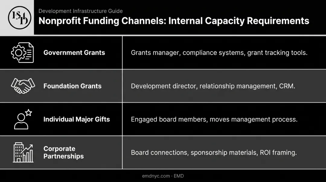 Nonprofit funding channel internal capacity requirements comparison table infographic