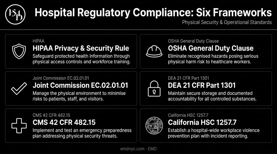 Six hospital security regulatory frameworks compliance requirements overview infographic