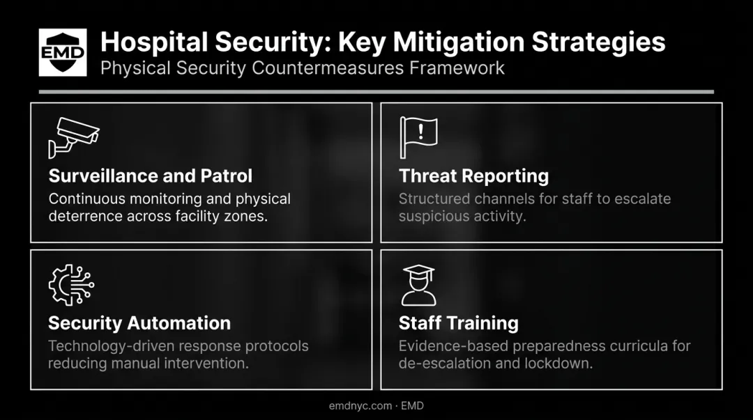 Four hospital security risk mitigation categories process overview infographic