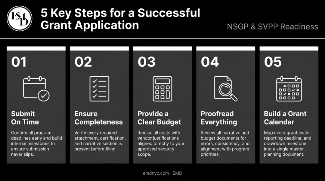 5-step grant application logistics checklist for a successful submission infographic