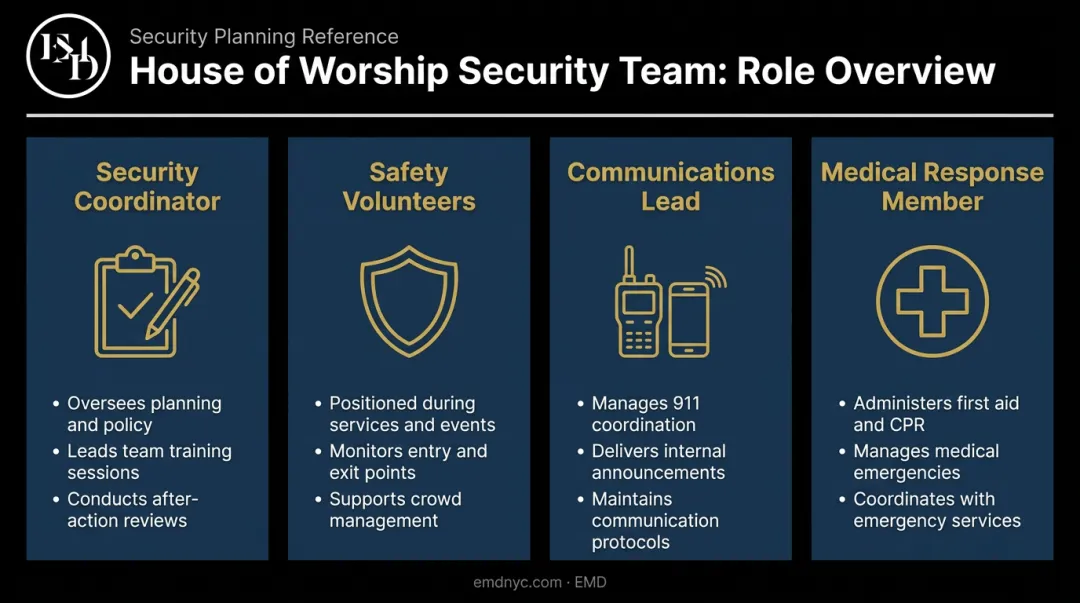 House of worship security team four core roles and responsibilities chart