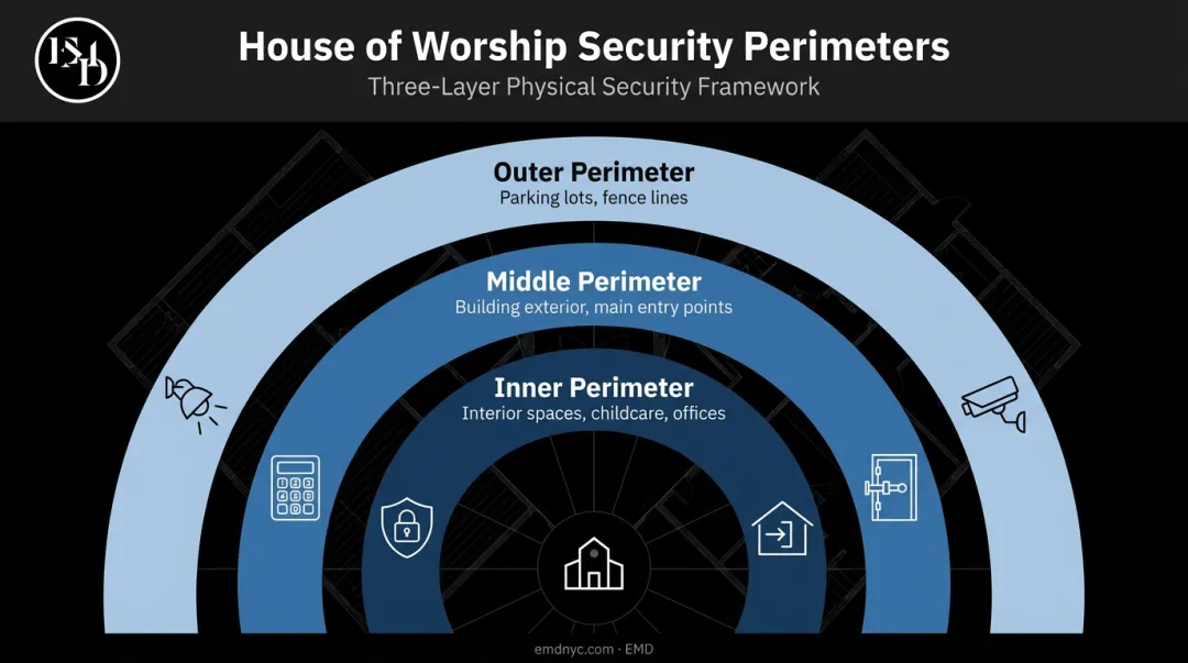 Three-perimeter house of worship physical security framework layered diagram