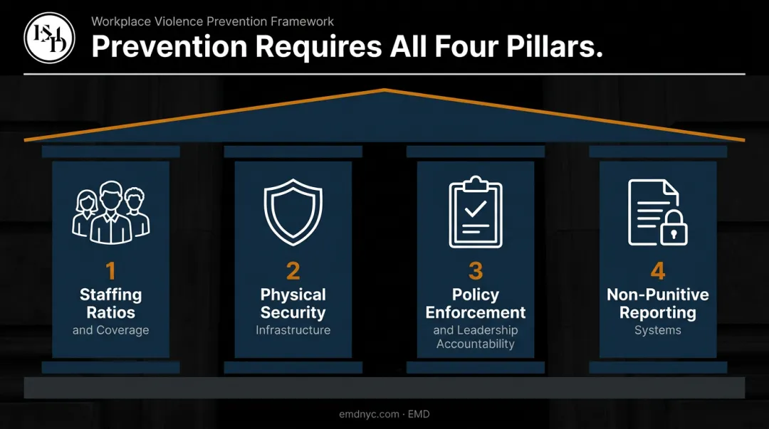 Four pillars of structural healthcare workplace violence prevention working simultaneously