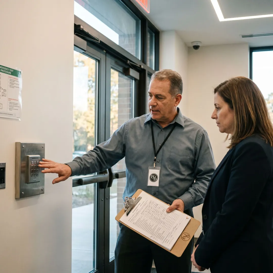Security consultant assessing synagogue entrance