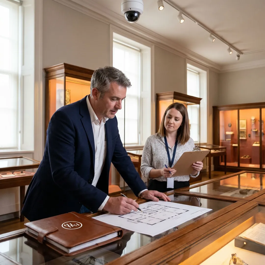 Security consultant reviewing museum gallery protection plan