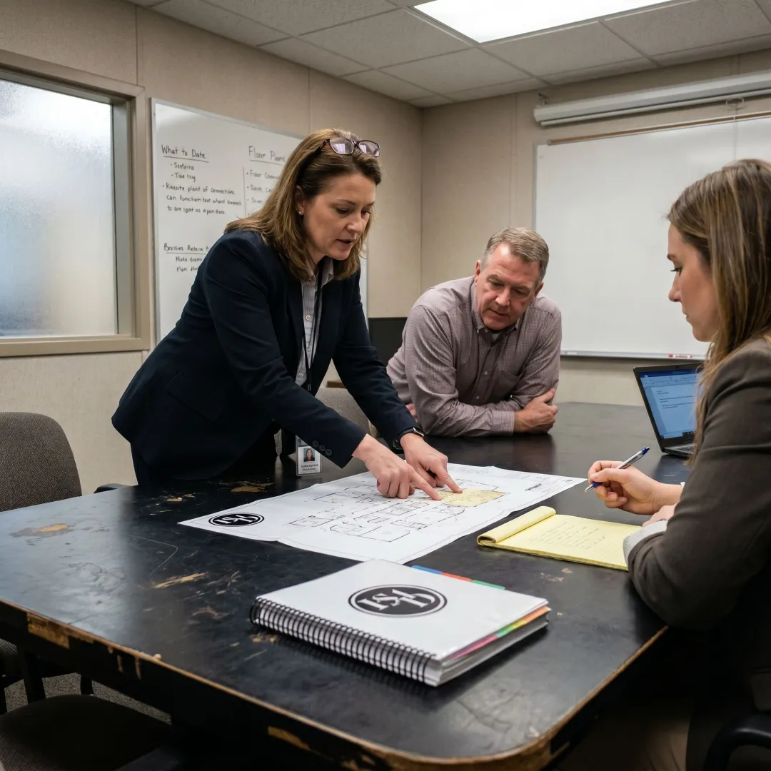 Security consultant reviewing plans with institutional leaders
