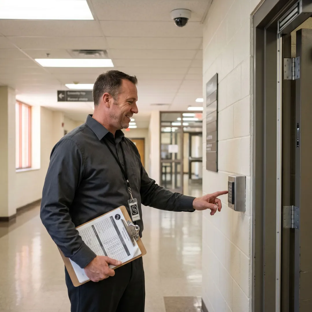 Security consultant documenting facility access controls