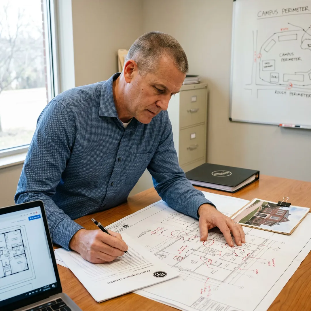 Security consultant reviewing access control plans in Boston