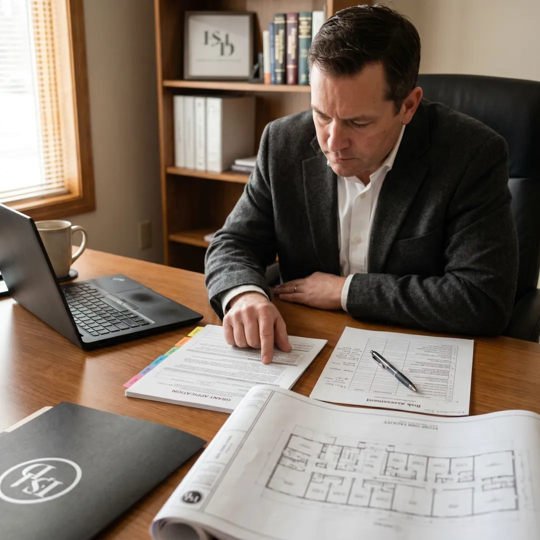 Security grant consultant reviewing nonprofit application documents