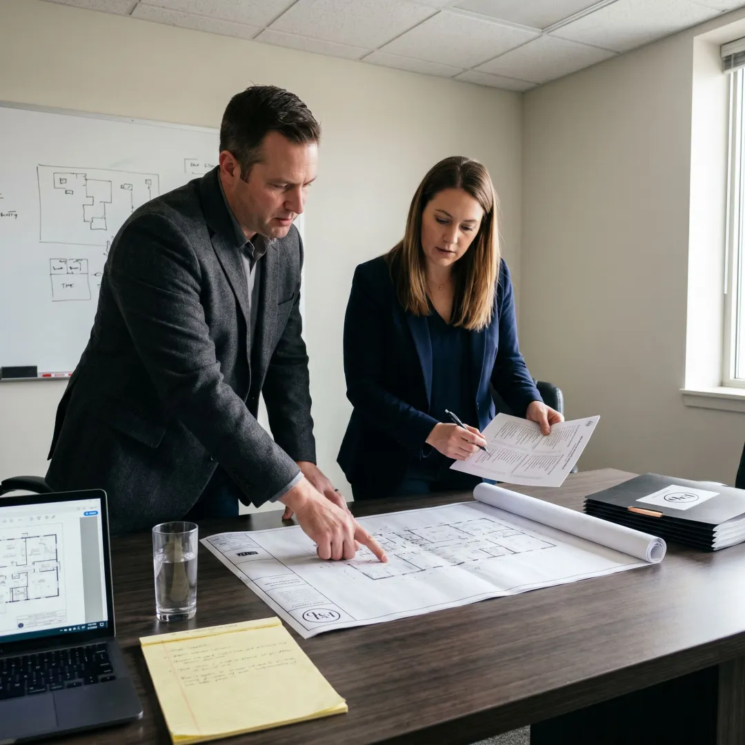 Security assessment team reviewing building plans