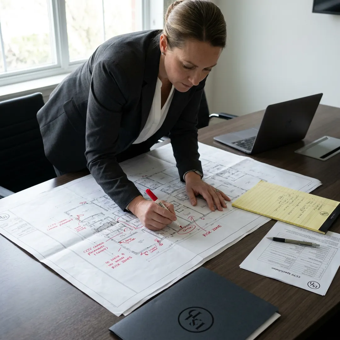 Security consultant reviewing secure building design plans