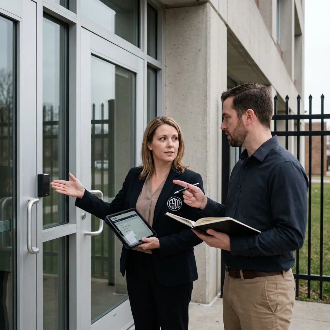 Security consultants evaluating facility access points
