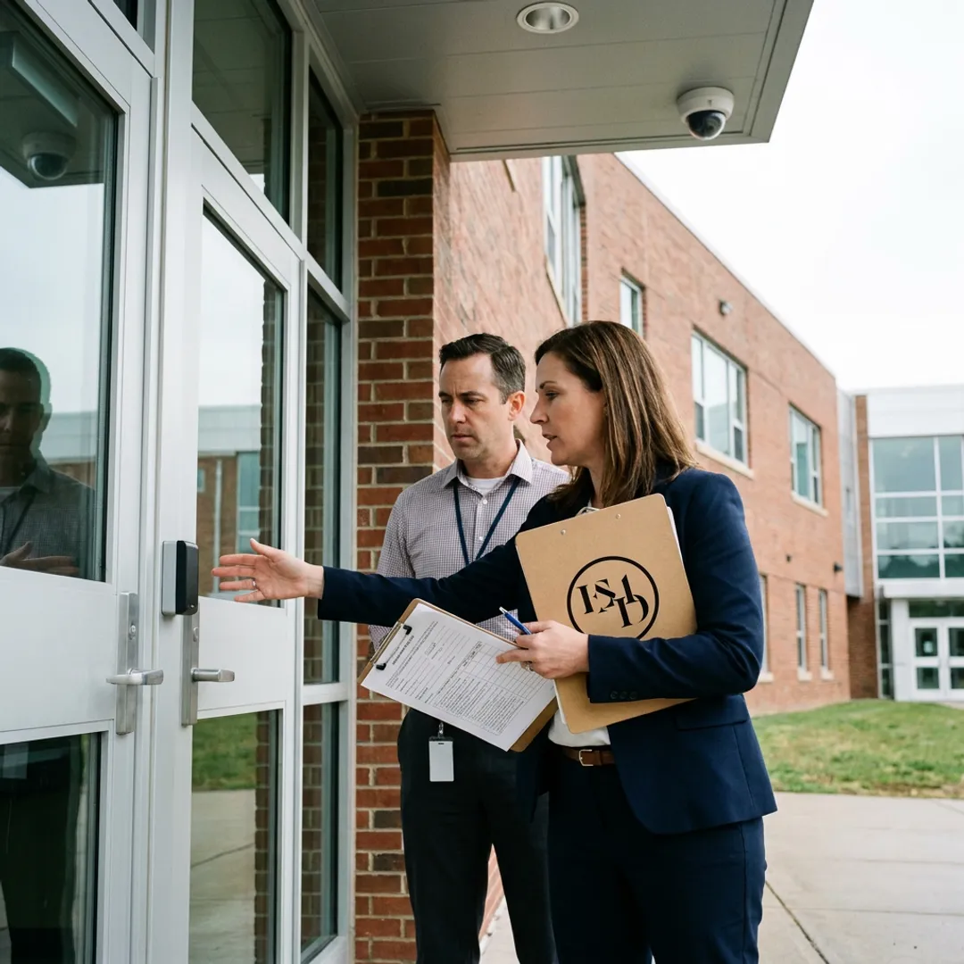 School security consultant assessing a campus entrance