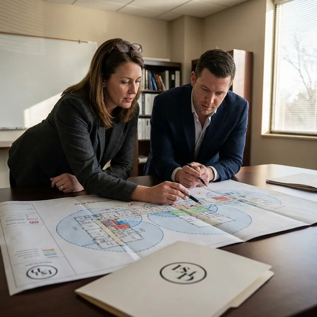 Security assessment team reviewing campus plans