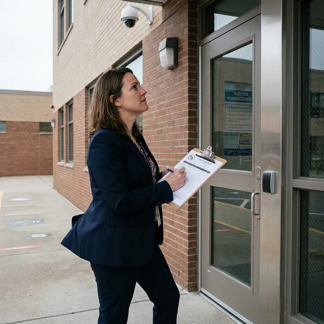 Physical security consultant assessing facility entrance