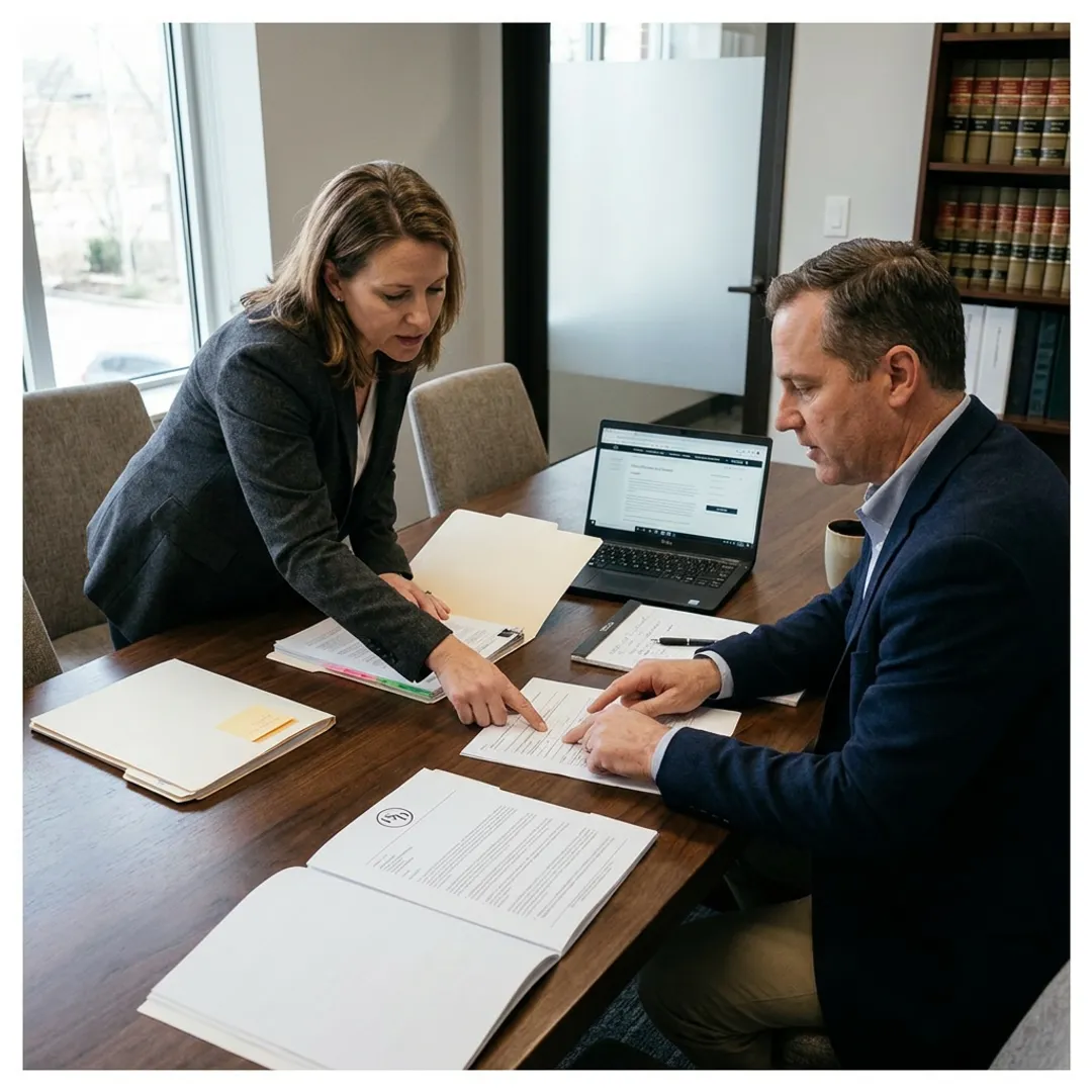 Attorney reviewing secure case files with expert witness