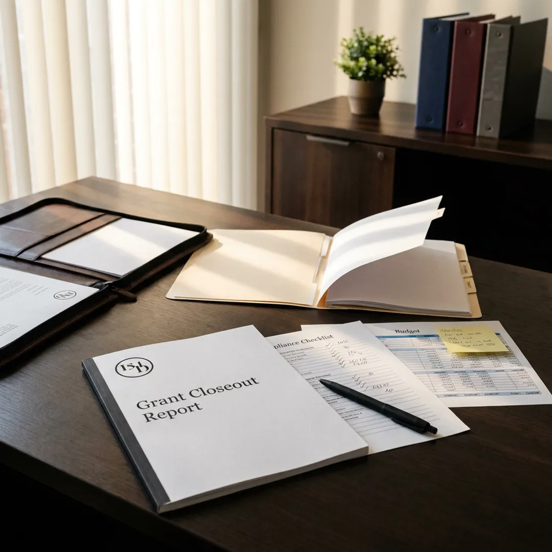 Grant closeout report documents on a desk