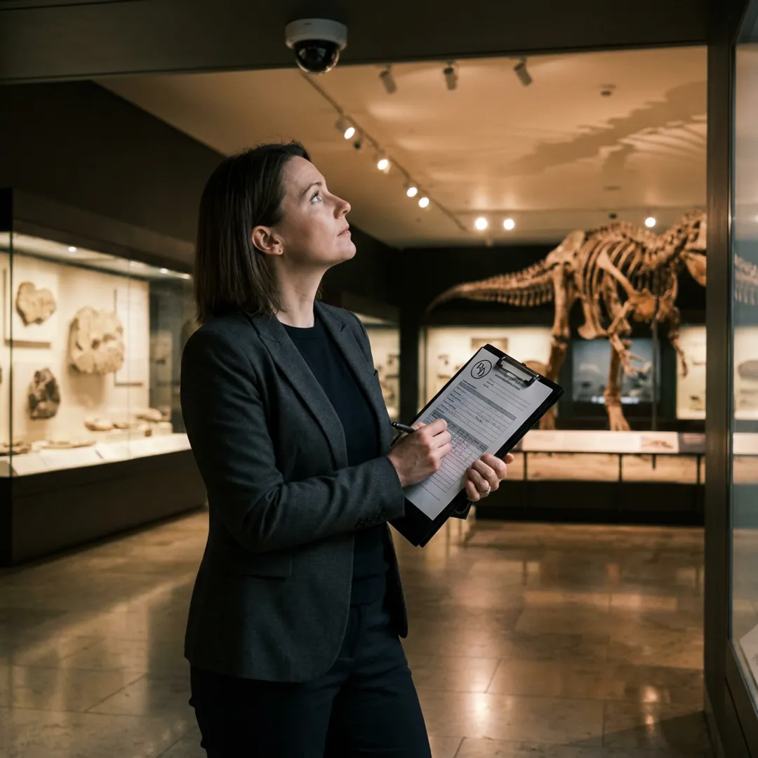 Museum security consultant reviewing natural history exhibit