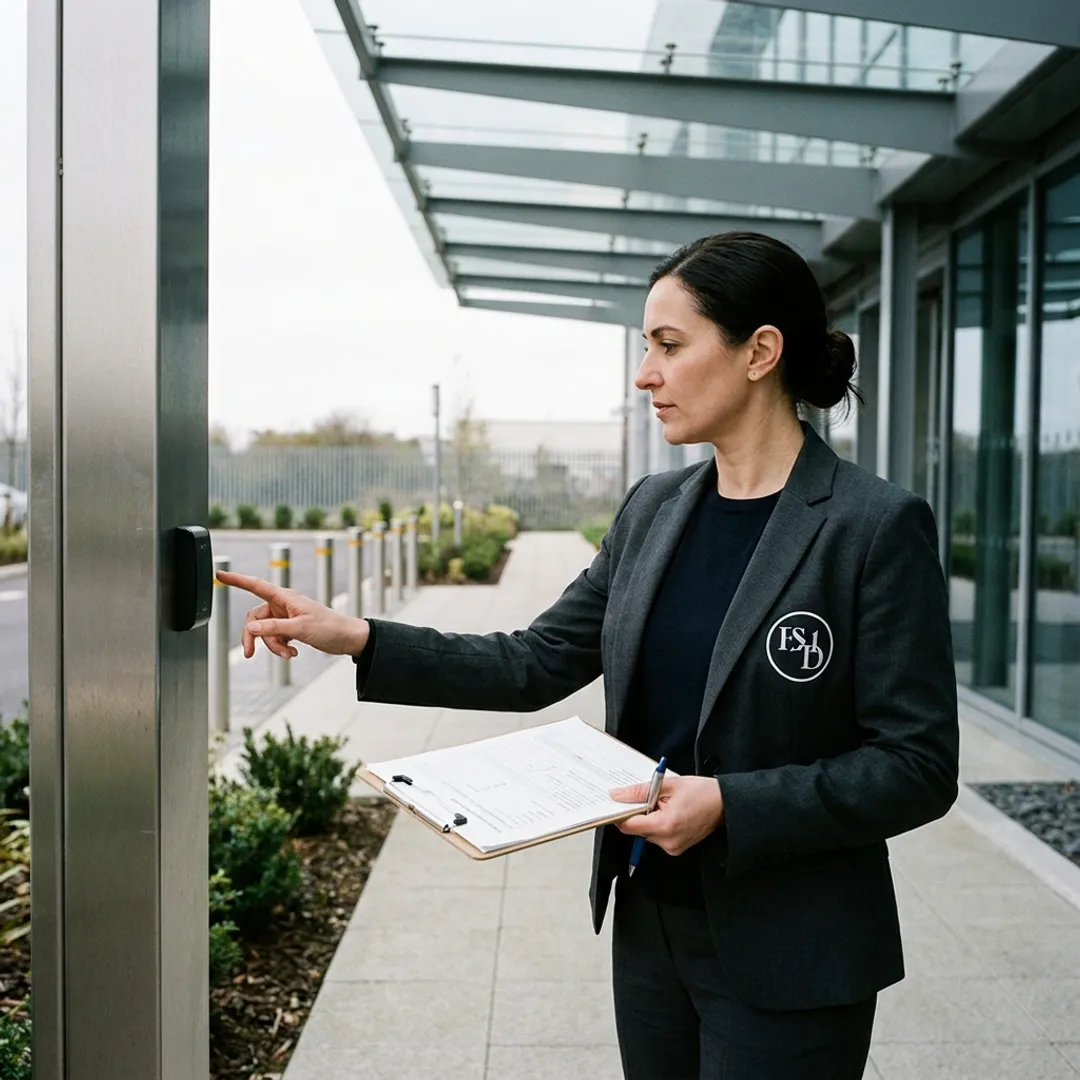 Security consultant assessing corporate facility entrance