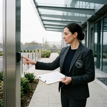 Security consultant assessing corporate facility entrance