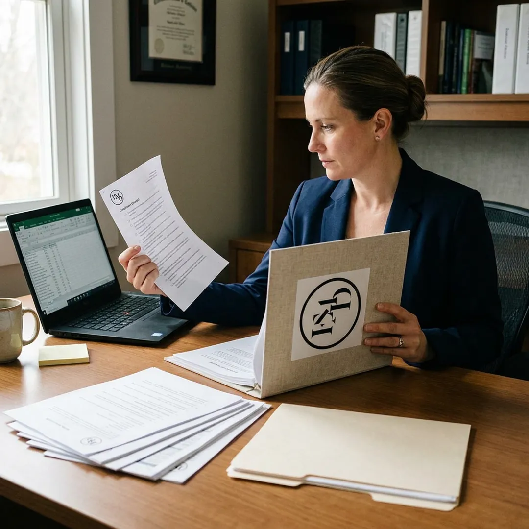 Grant close-out reporting documents on a desk