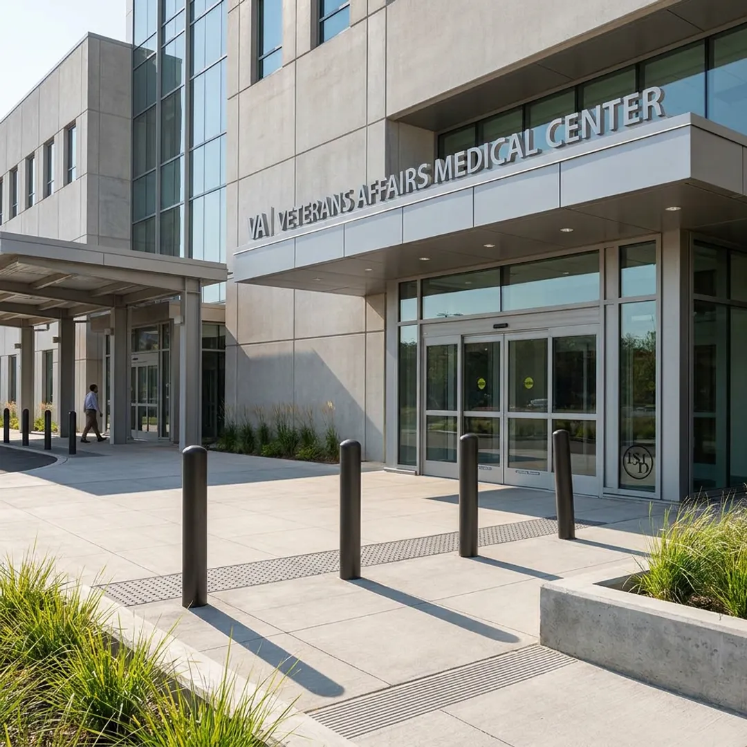 The modern and secure entrance of a VA healthcare facility designed by EMD.