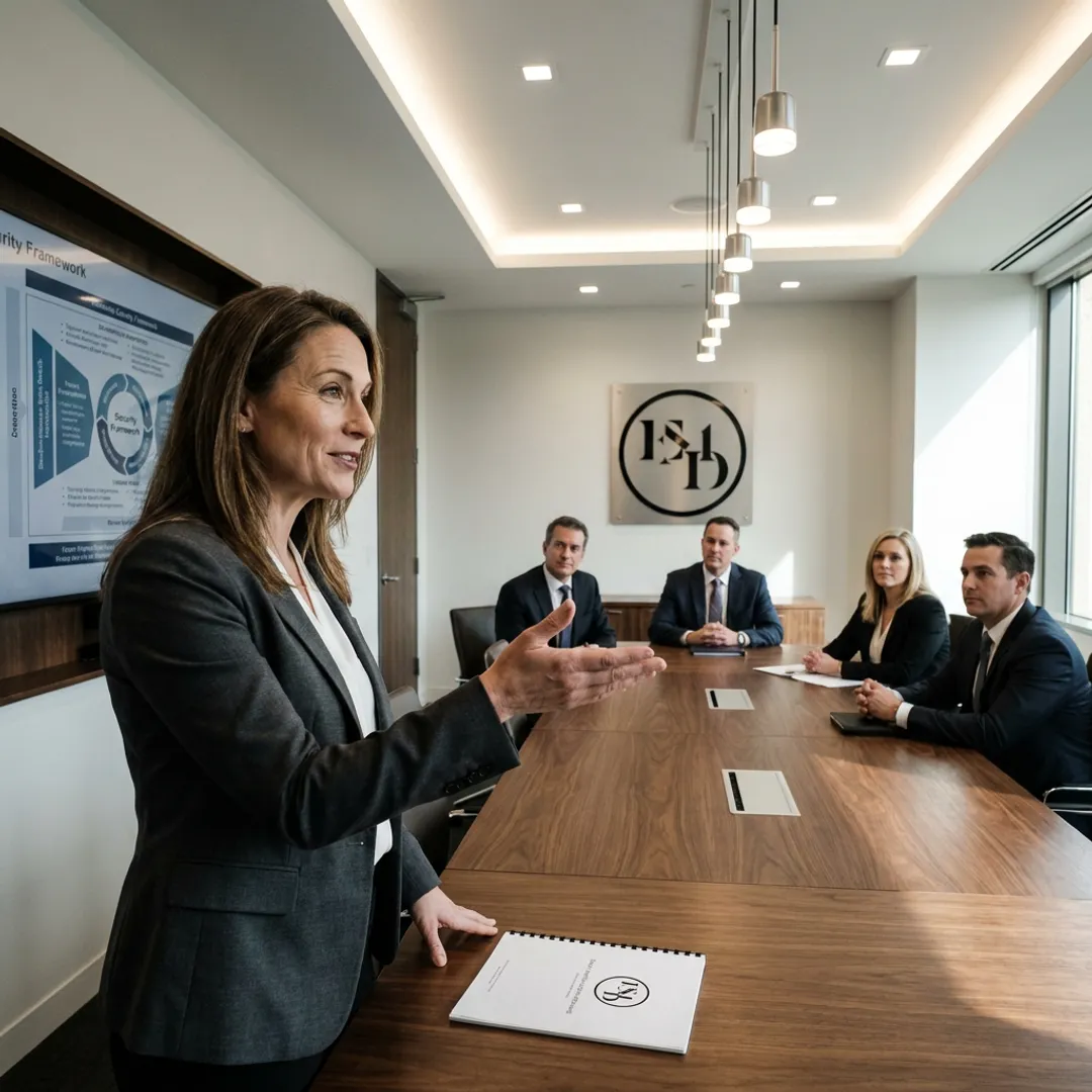 A security consultant presenting a strategic plan to a board of directors.