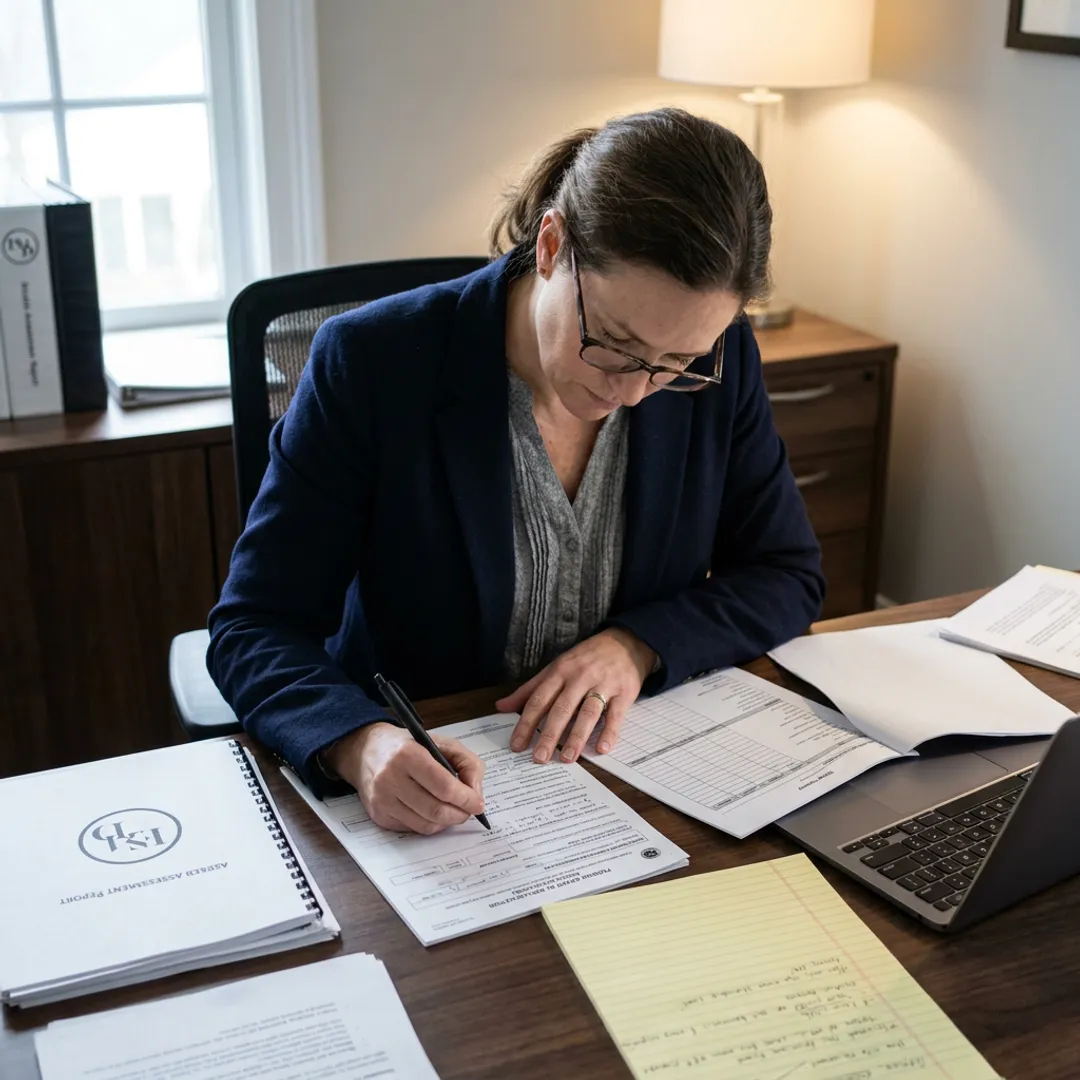 Grant consultant reviewing federal funding application documents