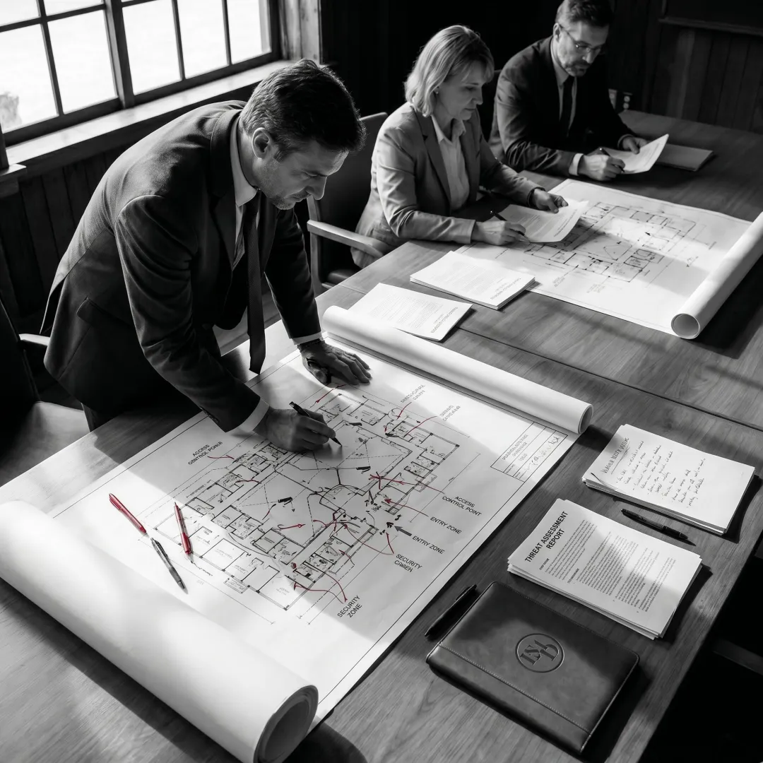 School security consultant reviewing risk assessment plans