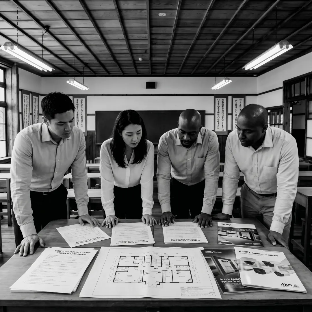Nonprofit team reviewing security grant documents