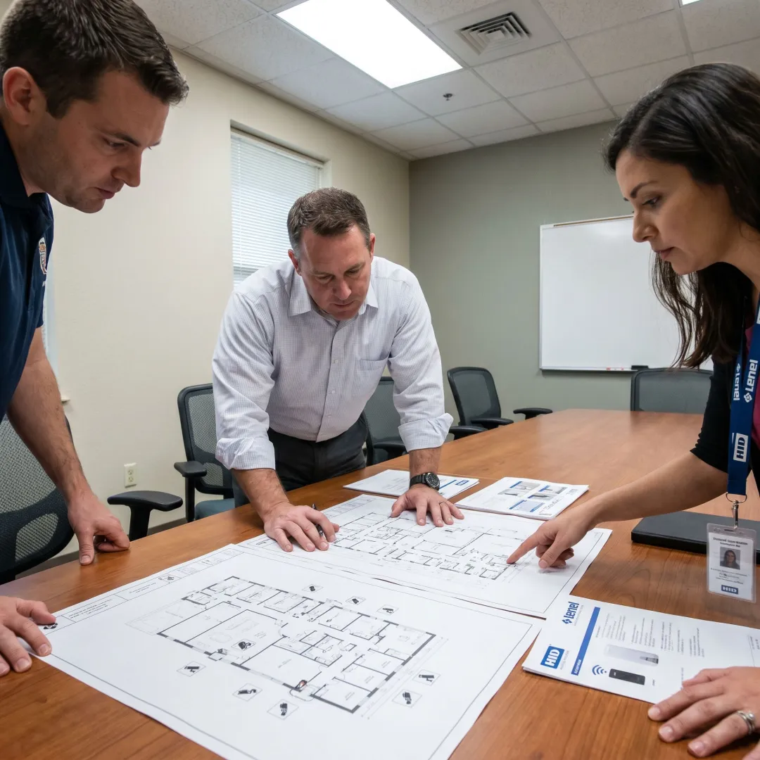 Security consultant reviewing facility plans in Austin
