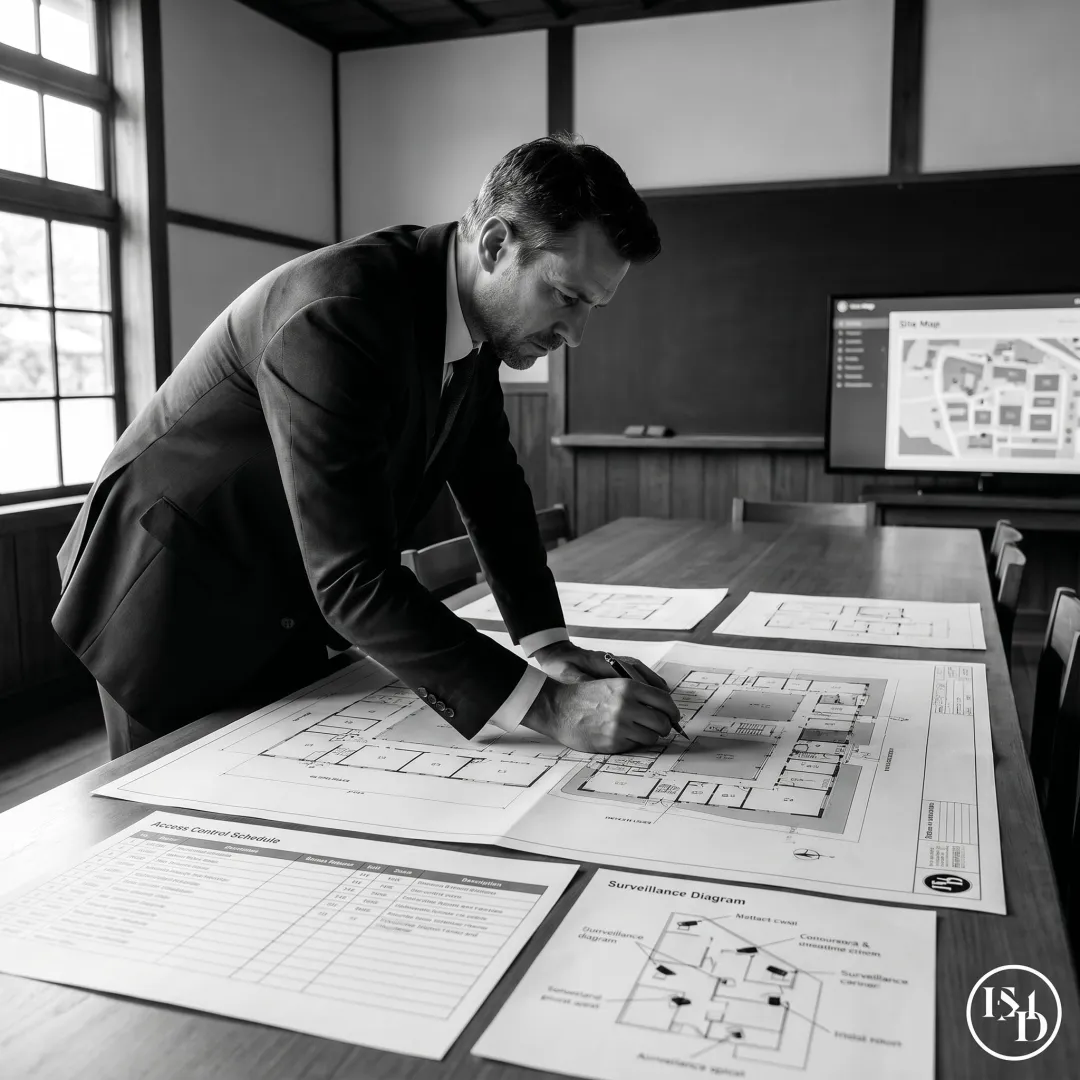 Security consultant reviewing campus safety plans